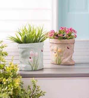 Weather-Resistant Resin Rumpled Bag Planter with Tulip Design - Pink