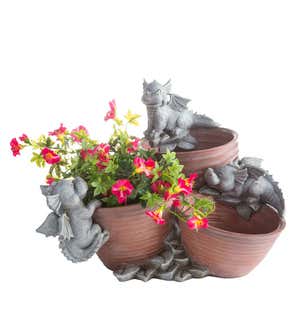 Whimsical Planter with Three Flowerpots Visited By Three Baby Dragons