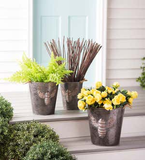 Antiqued Metal Bucket Planter with Embossed Bee Design and Rope Handles, Set of 3