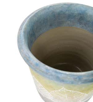 Handcrafted Earthenware Flower Pot with Fossilized Leaf Motif