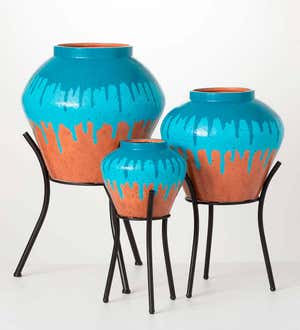 Blue & Tan Paint Drip Pots with Plant Stands, Set of 3