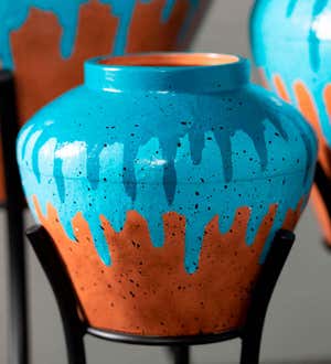 Blue & Tan Paint Drip Pots with Plant Stands, Set of 3