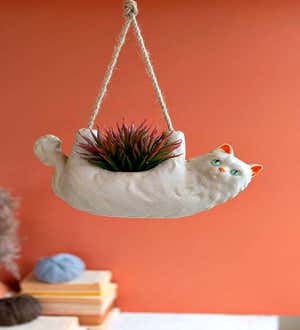White Cat Ceramic Hanging Planter