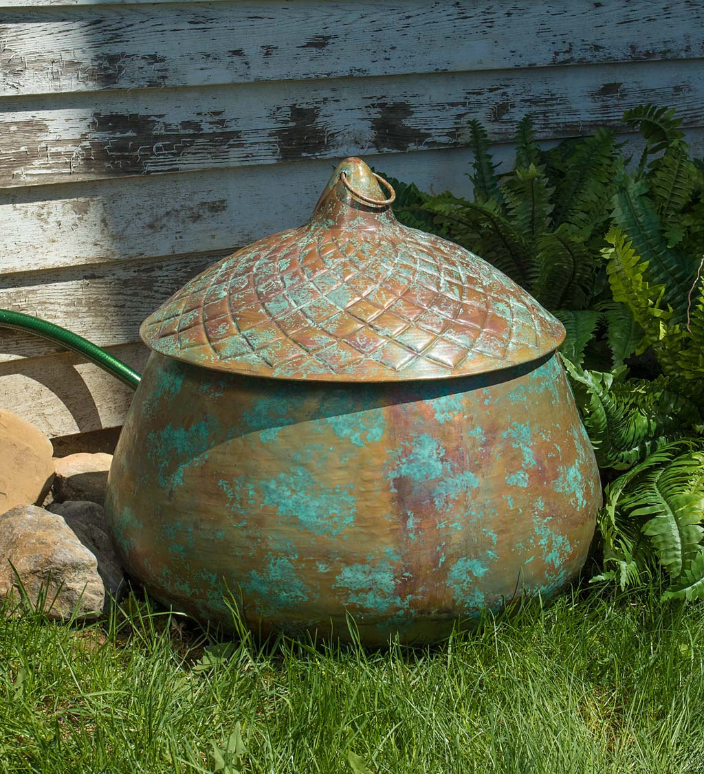 Verdigris Acorn Pot for Storing Garden Hose