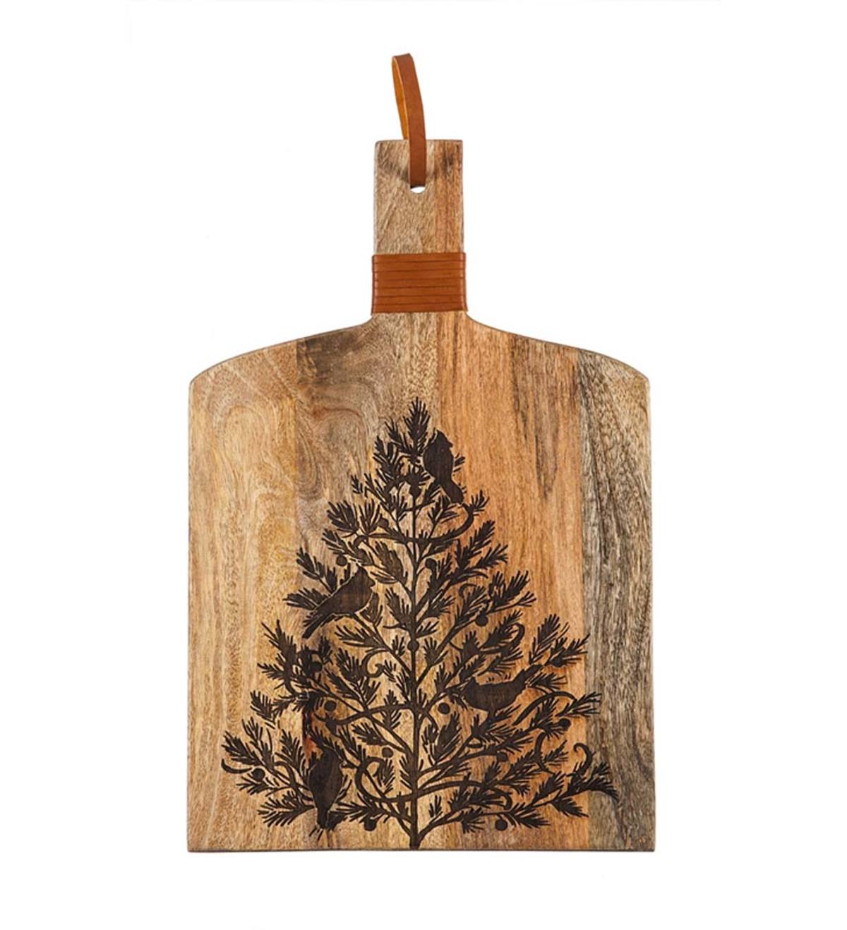 Christmas Mango Wood Cutting Board with Faux Leather Handle