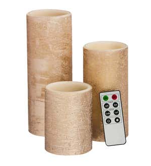 Silver LED Pillar Candles with Remote, Set of 3 - Silver
