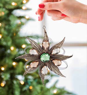 Metal Feather Flower Ornament with Gem Accents