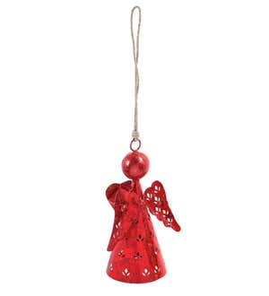 Red Metal Angel with Heart Ornament, Set of 2