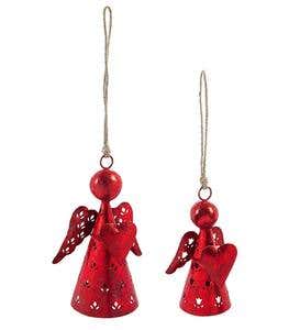 Red Metal Angel with Heart Ornament, Set of 2