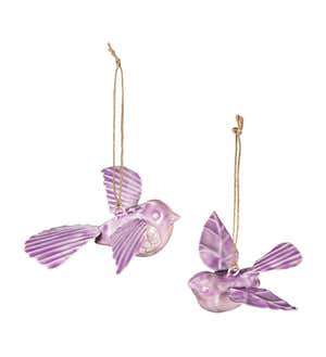 Metal Embossed Enamel Hanging Birds, Set of 2 - Purple