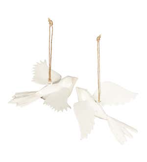 Metal Embossed Enamel Hanging Birds, Set of 2 - White