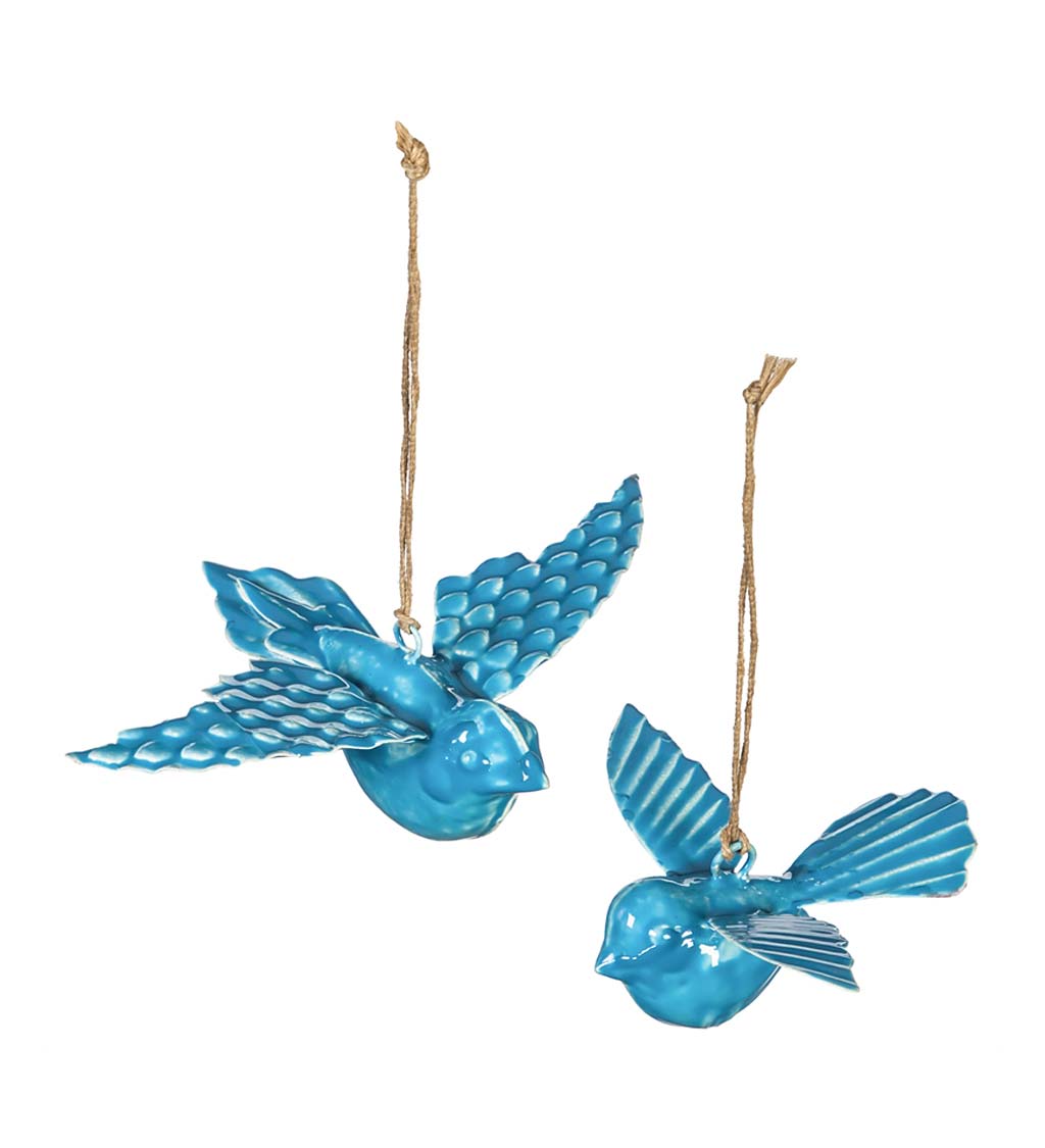 Metal Embossed Enamel Hanging Birds, Set of 2 - Blue