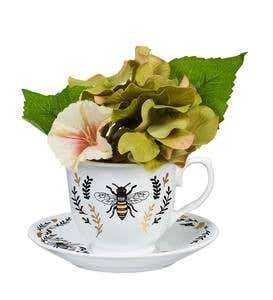 Faux Floral Arrangement in Tea Cup and Saucer - Canary Peony