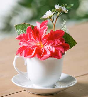 Faux Floral Arrangement in Tea Cup and Saucer - Coral Peony