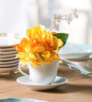 Faux Floral Arrangement in Tea Cup and Saucer - Canary Peony