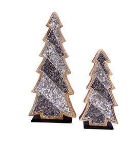 Wooden Trees with Silver Sequins, Set of 2