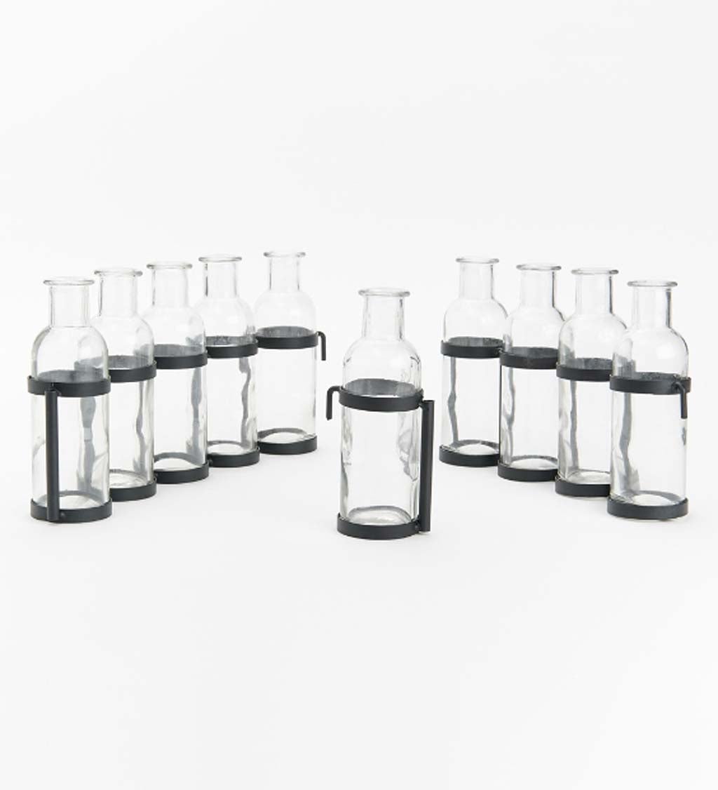 Glass Bottle Vases with Metal Stands, Set of 10