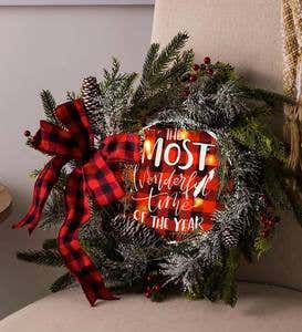 LED Most Wonderful Time Pine Cone and Berries Wreath