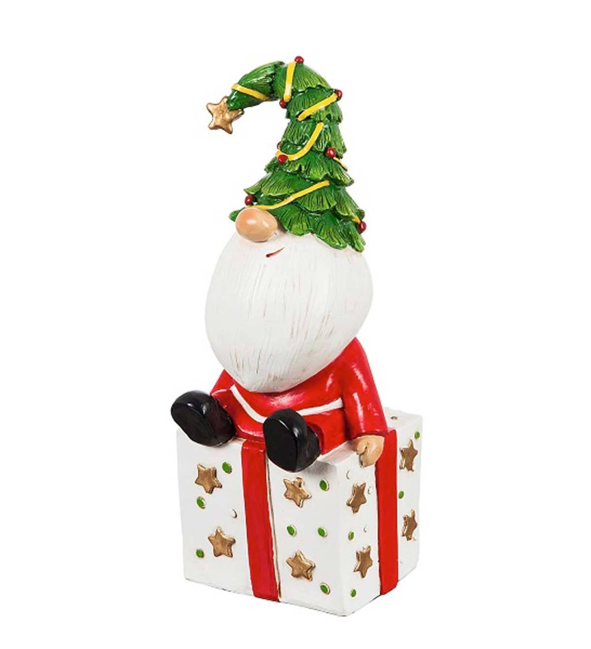 Garden Gnome with Christmas Tree Hat Statuary