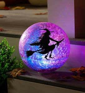 Lighted Halloween Glass Gazing Ball Flying Witch with Hologram Bats Effect