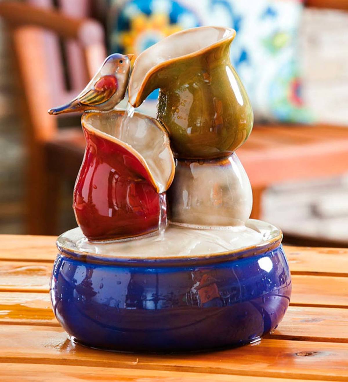 Ceramic Tabletop Fountain with Songbird