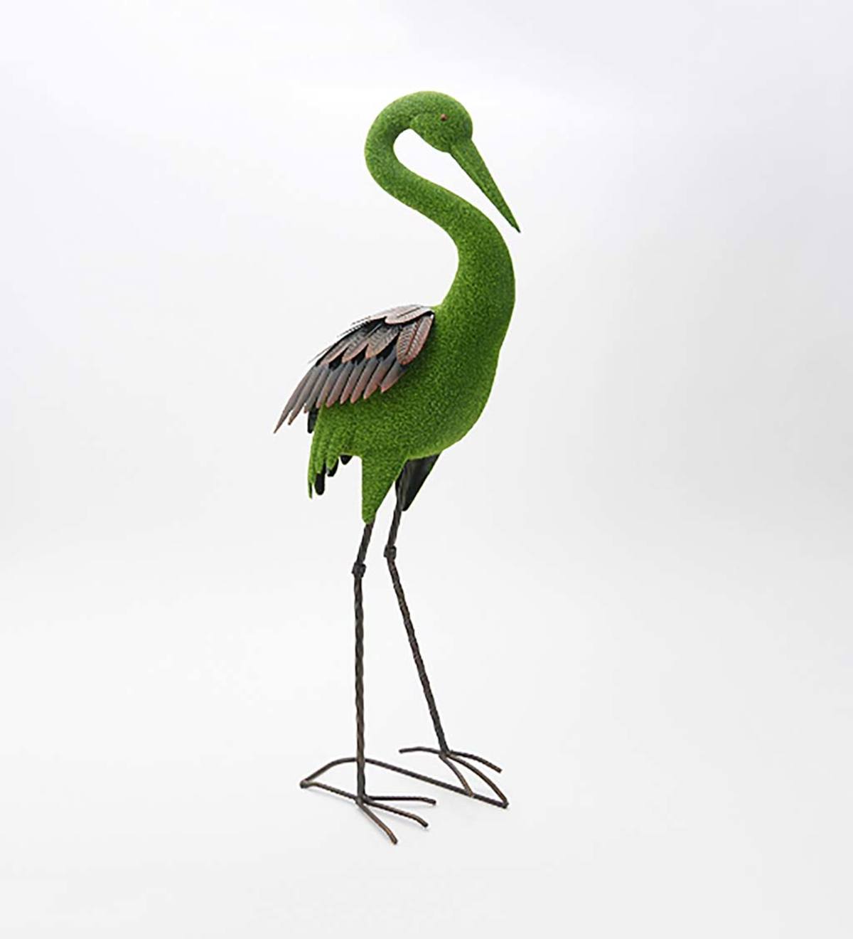 Standing Crane with Head Down Metal and Moss Green Flocking Statue