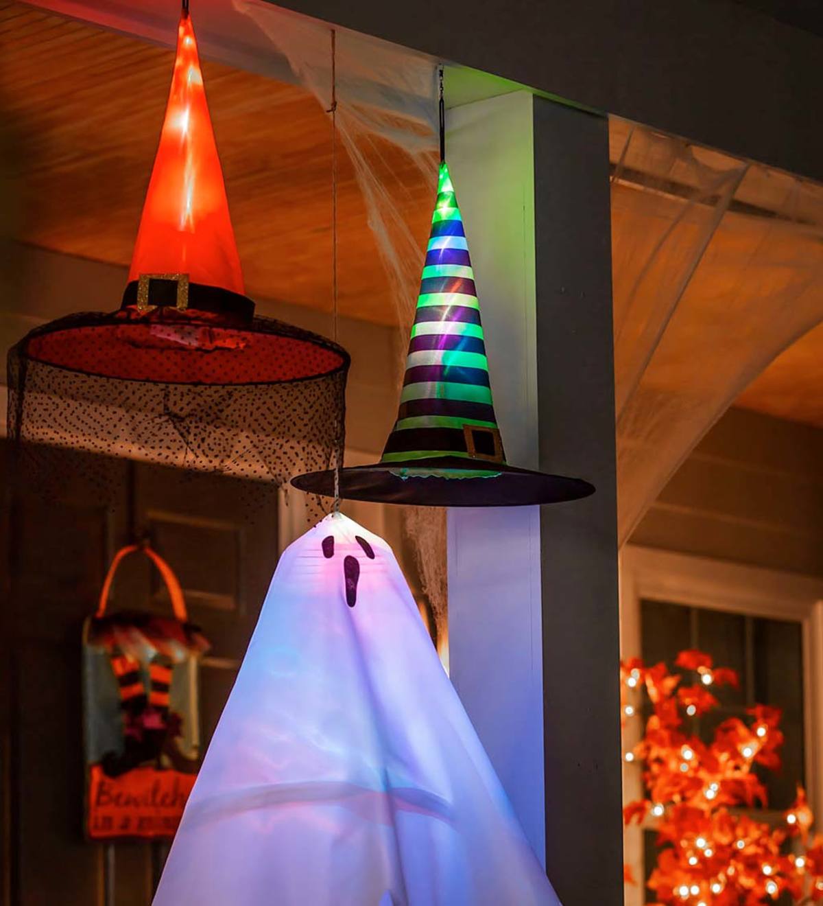 Striped Halloween Witch Hat Hanging Décor with 3D Chasing Lights