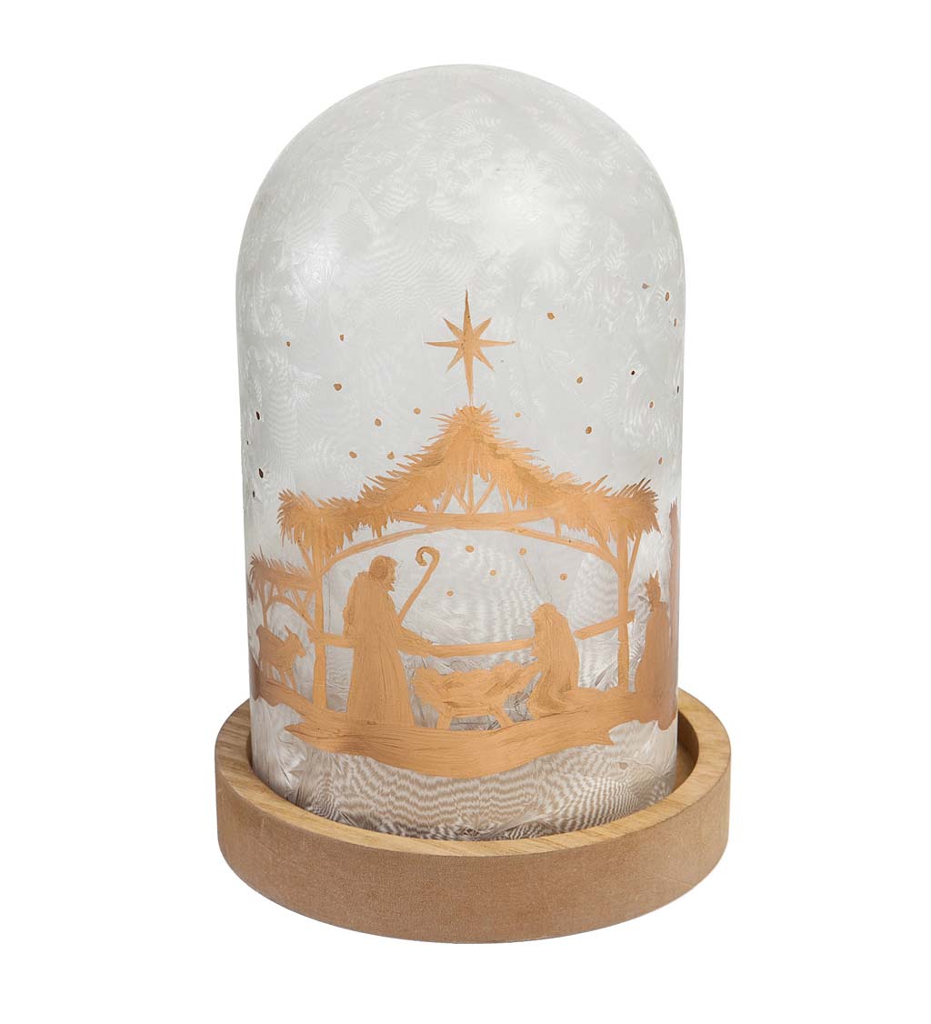 Hand-Painted LED Nativity Glass Cloche with a Wooden Base