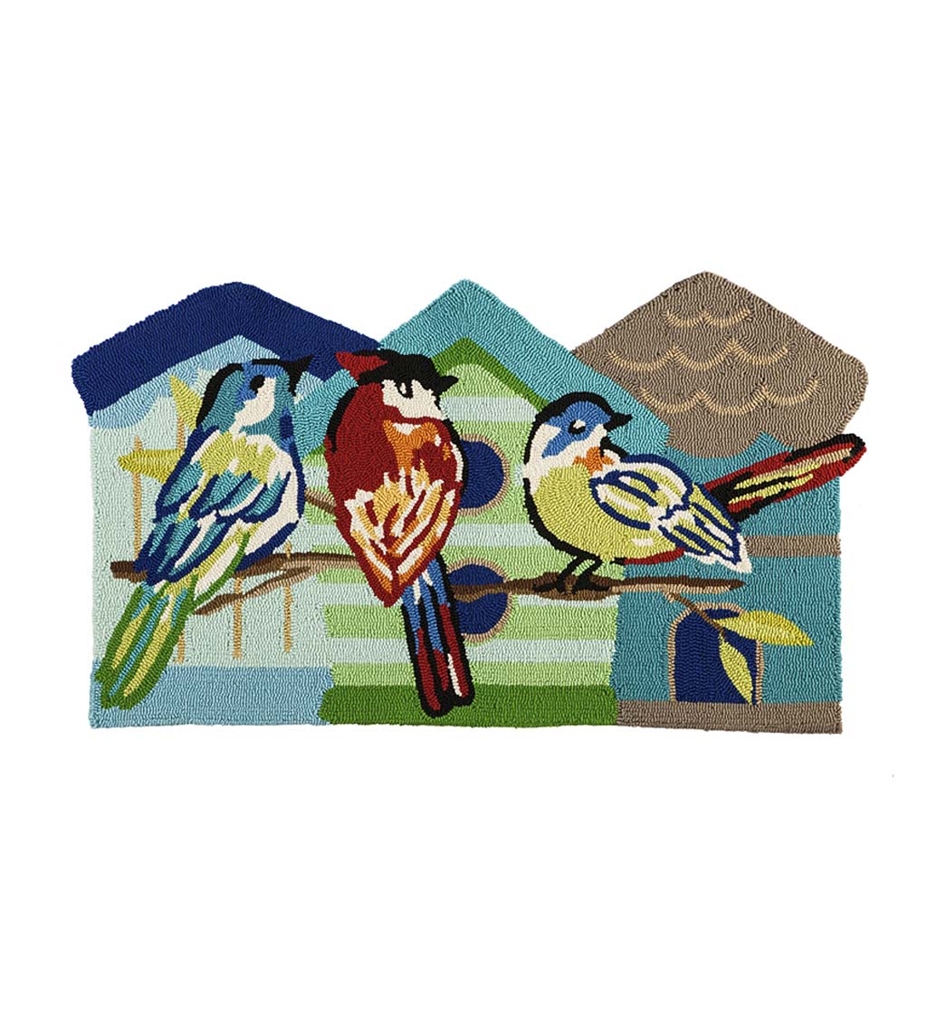 Colorful Songbirds and Birdhouses Hooked Polypropylene Rug