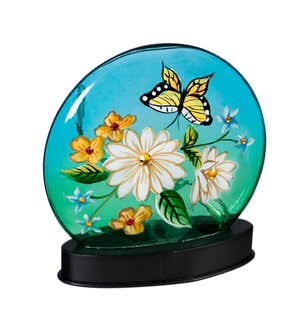 Hand-Painted Butterfly and Flowers Crackle LED Glass Disc, Set of 2