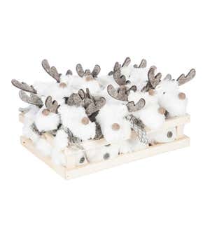 Plush Moose Ornaments in Wooden Storage Crate, Set of 12