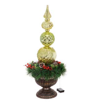 Indoor/Outdoor Shatterproof Lighted Ornament Stake with Wreath in Urn - Red