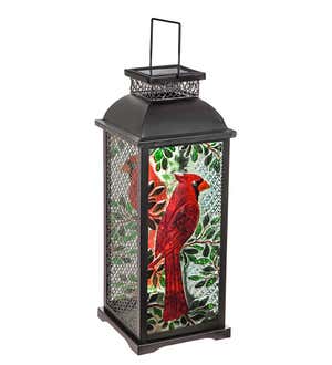 Painted Glass and Latticed Metal Cardinal Solar Lantern