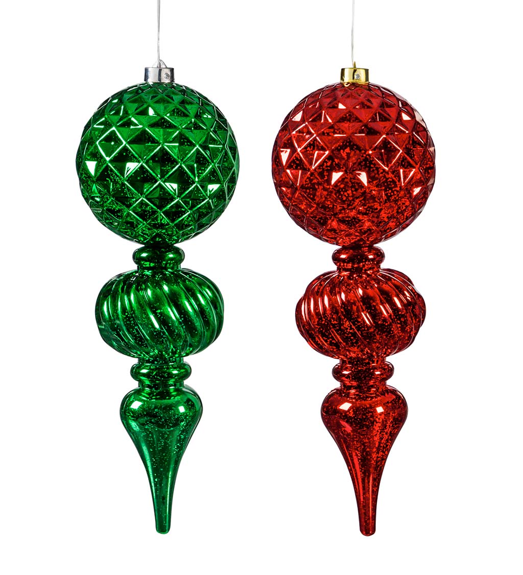 Oversized Finial Shatterproof Battery Operated White Chasing Light LED Ornament, Set of 2 - Red and Green