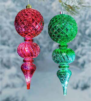 Oversized Finial Shatterproof Battery Operated White Chasing Light LED Ornament, Set of 2 - Red and Green