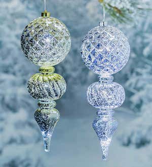 Oversized Finial Shatterproof Battery Operated White Chasing Light LED Ornament, Set of 2 - Siver and Gold