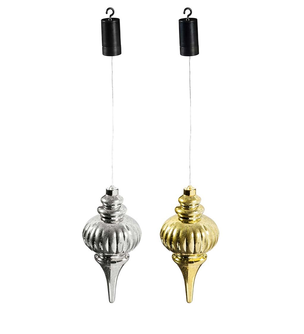 Indoor/Outdoor Lighted Shatterproof Hanging Holiday Finial Ornaments, Set of 2 - Silver/Gold