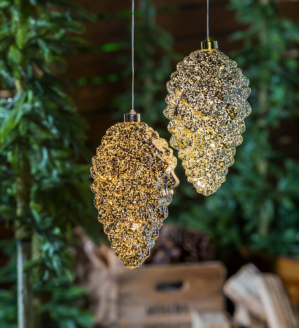 Indoor/Outdoor Lighted Shatterproof Hanging Pine Cone Ornaments, Set of 2