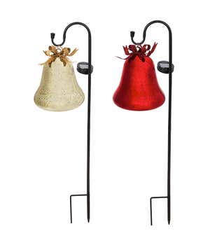 Solar Lighted Christmas Bell on Shepherd's Hook, Set of 2