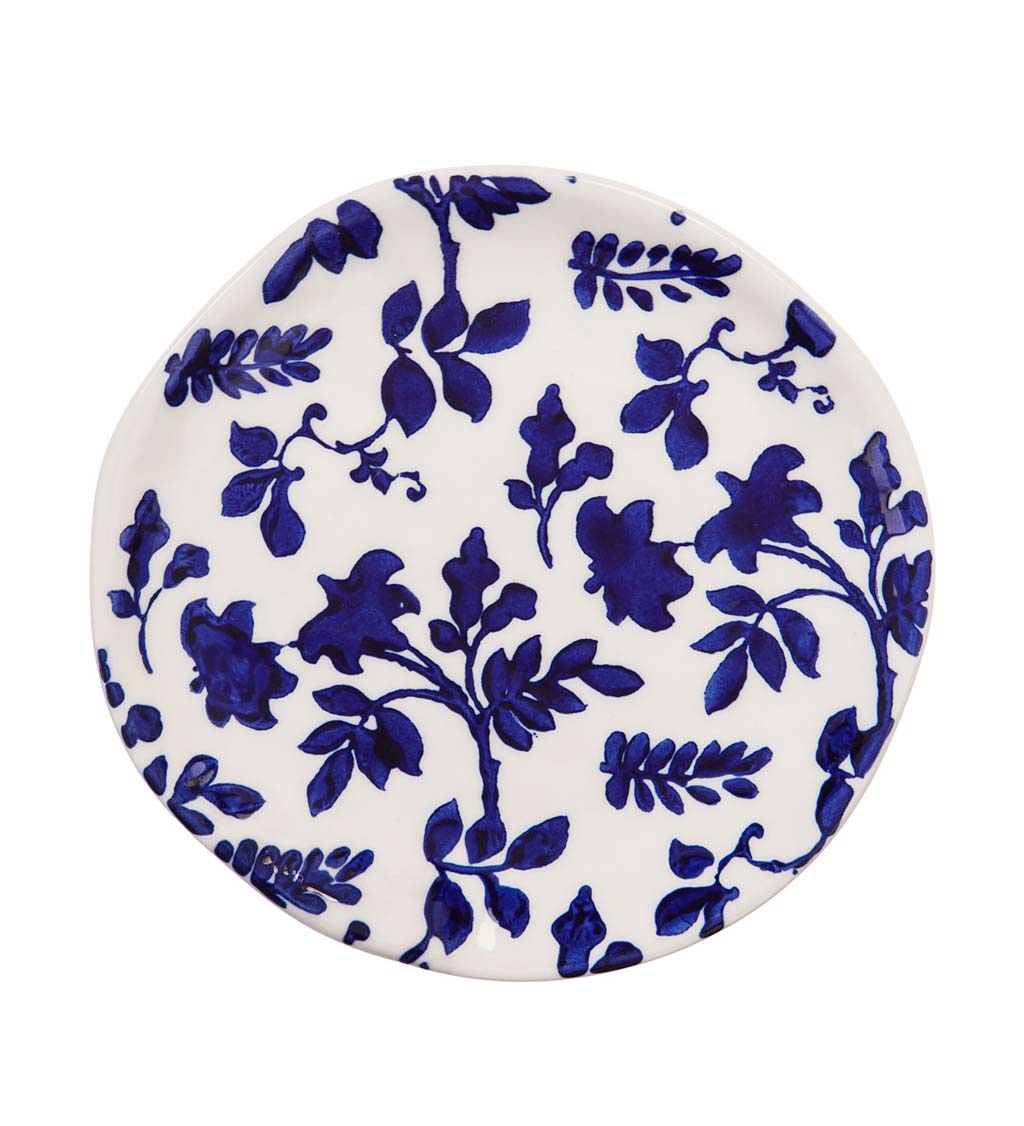 Ceramic 6" Appetizer Plates in Storage Caddy, Set of 8 - Blue Floral