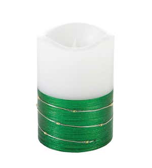 LED Half Metallic Wire Wrapped Flameless Pillar Candles, Set of 2 - Red and Green