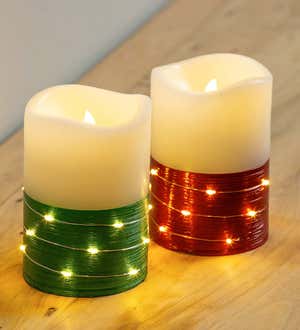LED Half Metallic Wire Wrapped Flameless Pillar Candles, Set of 2 - Red and Green