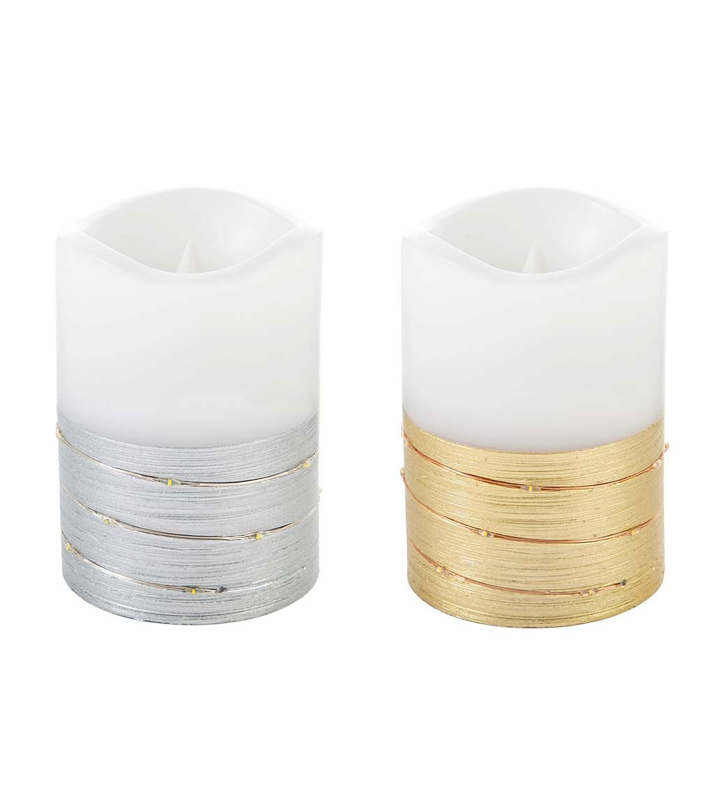 LED Half Metallic Wire Wrapped Flameless Pillar Candles, Set of 2 - Silver and Gold