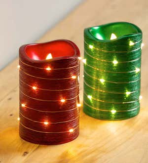 LED Metallic Wire Wrapped Flameless Pillar Candles, Set of 2 - Red and Green