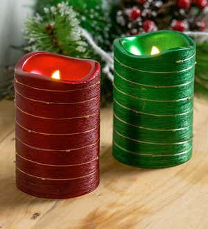 LED Metallic Wire Wrapped Flameless Pillar Candles, Set of 2 - Red and Green