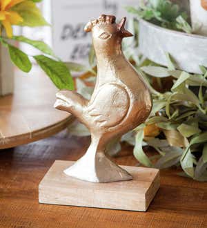 Metallic Rooster on a Natural Wood Base