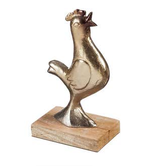 Metallic Rooster on a Natural Wood Base