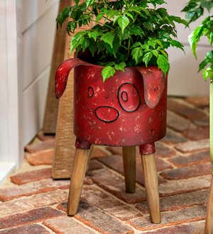 Metal Dog Planter With Wooden Stand