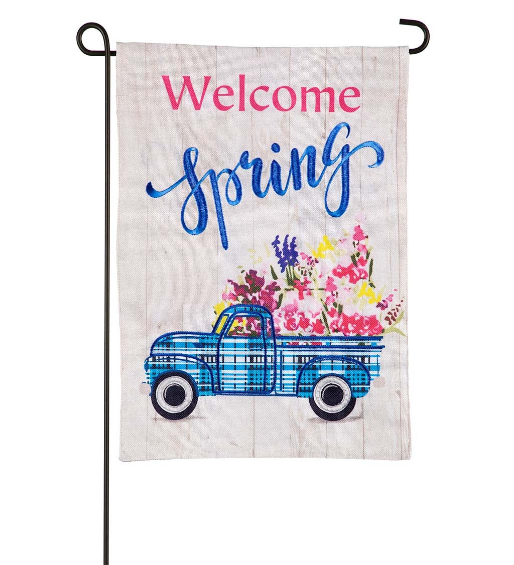 Welcome Spring Plaid Truck Burlap Garden Flag