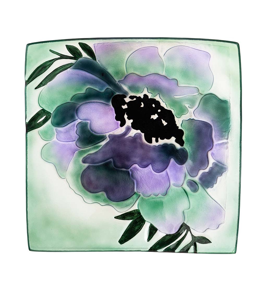 Hand-Painted Embossed Square Glass Geranium Bird Bath - Purple Geranium